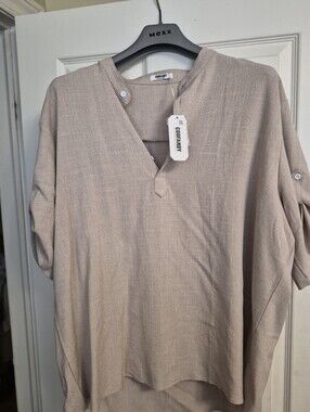 Goodfellow & Co Beige Short-Sleeve V-Neck Linen-Blend Shirt